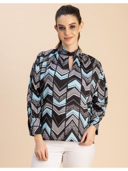 Moomaya - Multi-Color Chic Stripe Folded Band Neck Long Sleeves Regular Fit Top