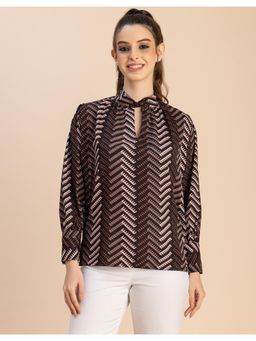 Moomaya - Orange Chic Stripe Folded Band Neck Long Sleeves Regular Fit Top