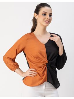 Moomaya - Women'S Black 3/4 Sleeve V Neck Solid Georgette Top