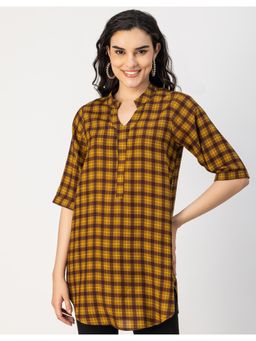 Moomaya - Printed Brown Rayon 3/4 Sleeve Mandarin Collar Regular Fit Stylish Top