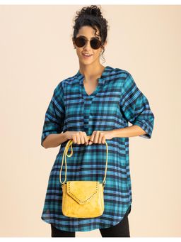 Moomaya - Printed Blue Rayon 3/4 Sleeve Mandarin Collar Regular Fit Stylish Top