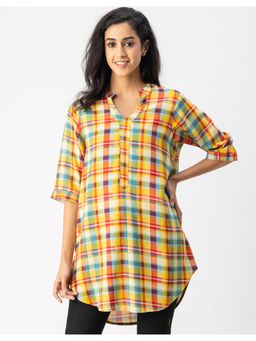 Moomaya - Printed Multi-Color Rayon 3/4 Sleeve Mandarin Collar Regular Fit Stylish Top