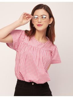 Moomaya - Printed Pink Cotton Short Sleeve Round Neck Regular Fit Casual Top