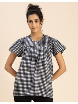 Moomaya - Printed Black Cotton Short Sleeve Round Neck Regular Fit Casual Top