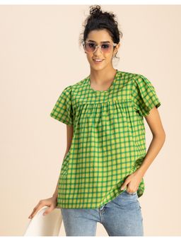 Moomaya - Printed Green Cotton Short Sleeve Round Neck Regular Fit Casual Top