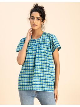 Moomaya - Printed Olive Cotton Short Sleeve Round Neck Regular Fit Casual Top