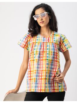 Moomaya - Printed Multi-Color Cotton Short Sleeve Round Neck Regular Fit Casual Top