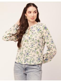Moomaya - Women Cream Printed Long Puffed Sleeves Casual Viscose Top