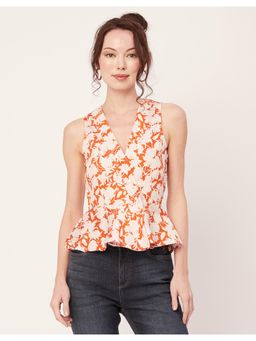 Moomaya - Women Orange Printed Peplum V Neck Sleeveless Cotton Slub Top