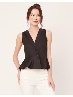 Moomaya - Women Black Printed Peplum V Neck Sleeveless Cotton Slub Top