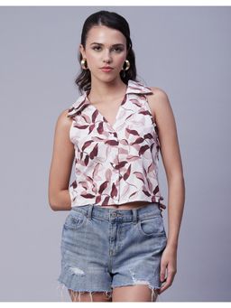 Moomaya - Printed White Sleeveless Collared Casual Summer Top