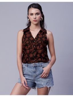 Moomaya - Printed Black Sleeveless Collared Casual Summer Top