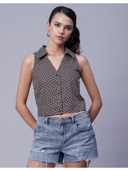 Moomaya - Printed Brown Sleeveless Collared Casual Summer Top