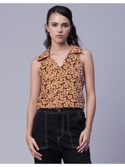 Moomaya - Printed Beige Sleeveless Collared Casual Summer Top