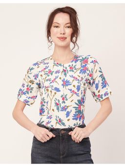 Moomaya - Women White Printed Viscose Round Neck Short Sleeves Top