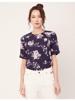 Moomaya - Women Purple Printed Viscose Round Neck Short Sleeves Top