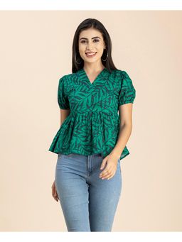 Moomaya - Green Puff Sleeves V-Neck Cotton Peplum Crop Top