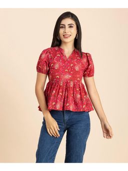 Moomaya - Red Puff Sleeves V-Neck Cotton Peplum Crop Top