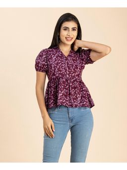Moomaya - Magenta Puff Sleeves V-Neck Cotton Peplum Crop Top