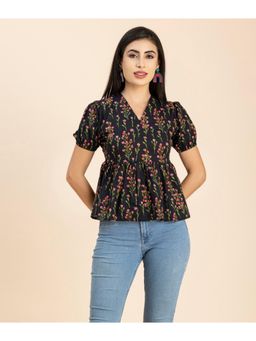 Moomaya - Multi-Color Puff Sleeves V-Neck Cotton Peplum Crop Top