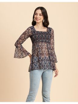 Moomaya - Women Multi-Color Printed Smocked Square Neck Bell Sleeves Ruffled Long Top