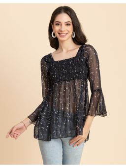 Moomaya - Women Black Printed Smocked Square Neck Bell Sleeves Ruffled Long Top