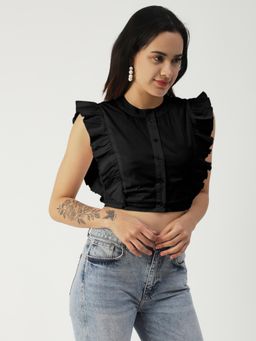 Moomaya - Black Button Down Solid Cotton Frilled Sleeve Crop Top