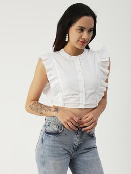 Moomaya - White Button Down Solid Cotton Frilled Sleeve Crop Top