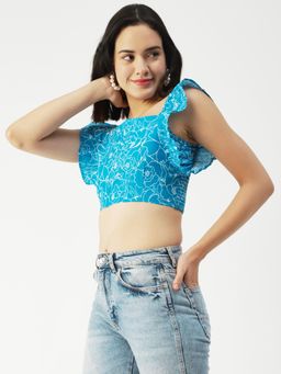 Moomaya - Blue Square Neck Flutter Sleeve Cotton Crop Top