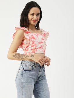 Moomaya - Orange Square Neck Flutter Sleeve Cotton Crop Top