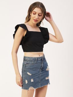 Moomaya - Black Square Neck Flutter Sleeve Cotton Crop Top