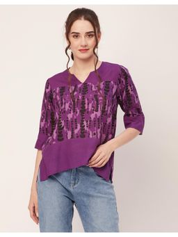 Moomaya - Women Purple Printed Quarter Sleeve High Low Hem Casual Top