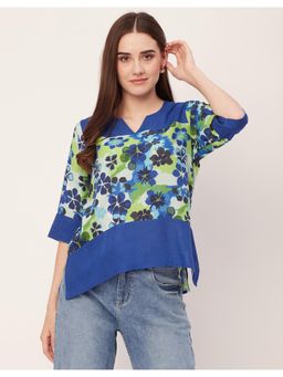 Moomaya - Women Blue Printed Quarter Sleeve High Low Hem Casual Top