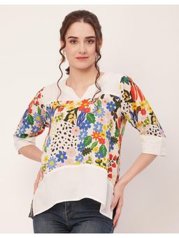 Moomaya - Women White Printed Quarter Sleeve High Low Hem Casual Top