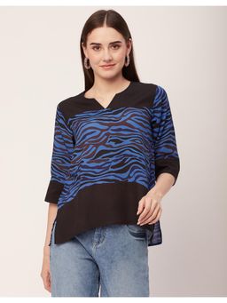 Moomaya - Women Multi-Color Printed Quarter Sleeve High Low Hem Casual Top