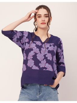 Moomaya - Women Purple Printed Quarter Sleeve High Low Hem Casual Top