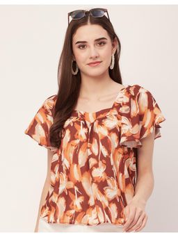 Moomaya - Women Brown Sweetheart Neck Printed Short Flutter Sleeve Casual Top