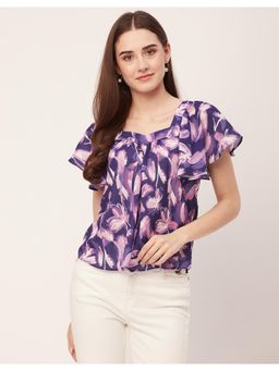 Moomaya - Women Purple Sweetheart Neck Printed Short Flutter Sleeve Casual Top