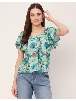 Moomaya - Women Green Sweetheart Neck Printed Short Flutter Sleeve Casual Top