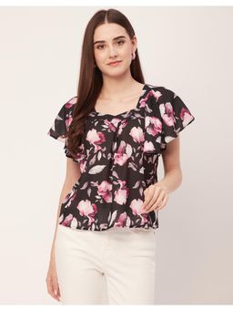 Moomaya - Women Black Sweetheart Neck Printed Short Flutter Sleeve Casual Top