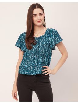 Moomaya - Women Blue Sweetheart Neck Printed Short Flutter Sleeve Casual Top