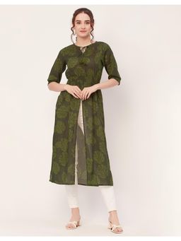 Moomaya - Green Printed Long Slit Cotton Long Casual