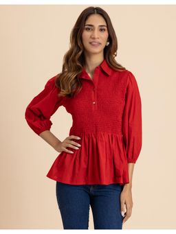 Moomaya - Women Red Solid Peplum Style Regular Fit Casual Smocked Shirt Top