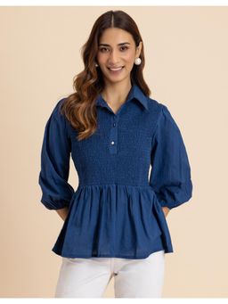 Moomaya - Women Blue Solid Peplum Style Regular Fit Casual Smocked Shirt Top