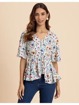 Moomaya - Elegant White V-Neck Peplum Wrap Style Women Summer Elegant Top