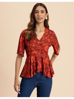 Moomaya - Elegant Red V-Neck Peplum Wrap Style Women Summer Elegant Top