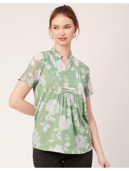 Moomaya - Printed Green Short Sleeves Shirt V-Neck Casual Summer Top