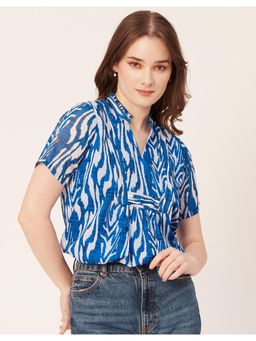 Moomaya - Printed Blue Short Sleeves Shirt V-Neck Casual Summer Top