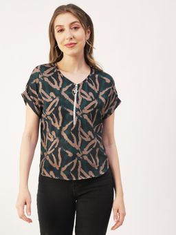 Moomaya - Printed Green Front Zip-Up Designer Round Neck Smart Top