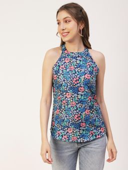 Moomaya - Women Blue Printed Tank Styled Back Resort Wear Long Summer Top
